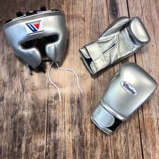Winning Boxing Gloves Set Silver Premium Leather