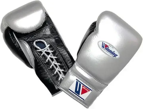Winning Boxing Gloves Silver/Black Leather