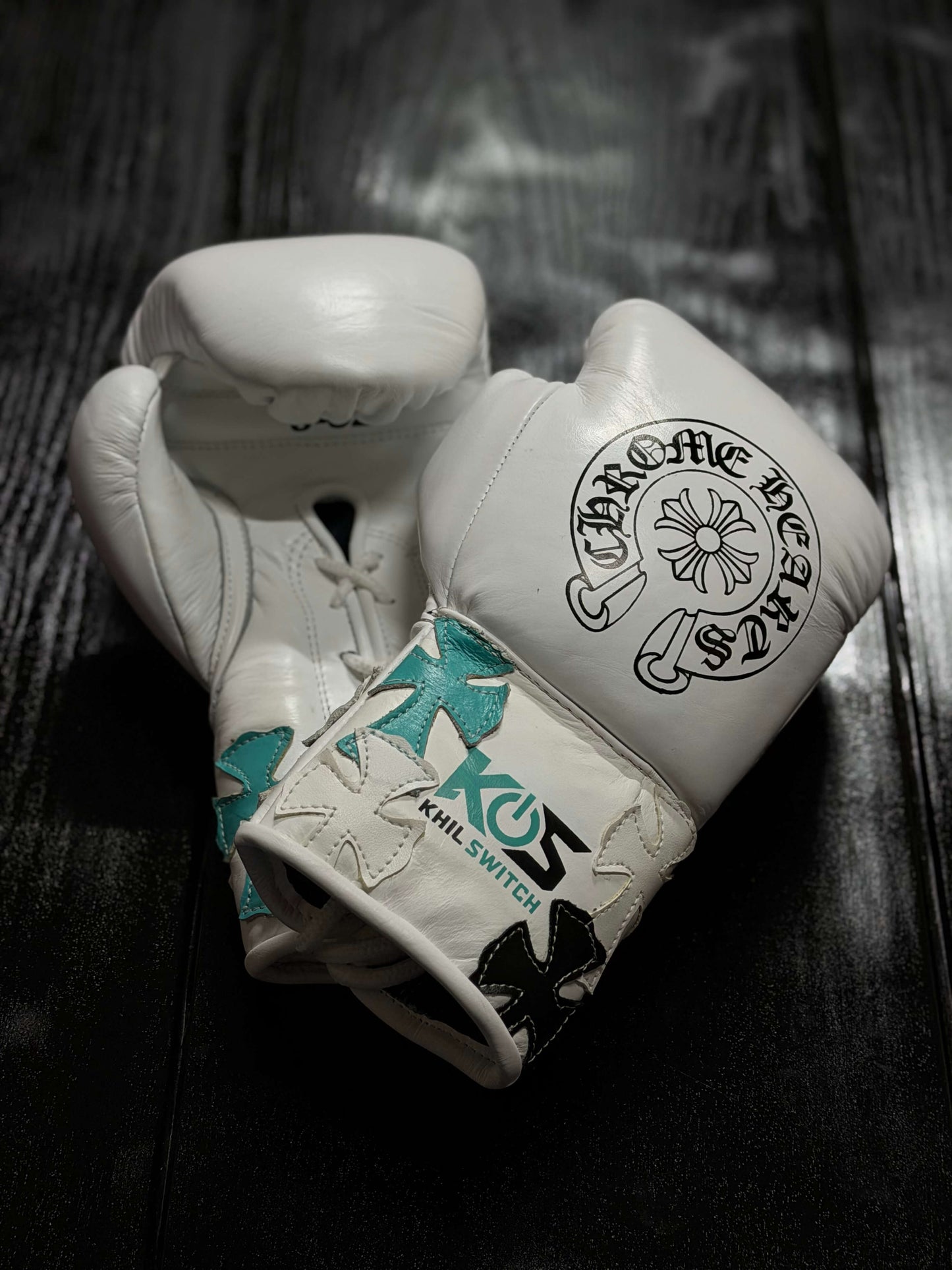 Winning Boxing Gloves White/Black/Teal Chrome Heart Style Custom
