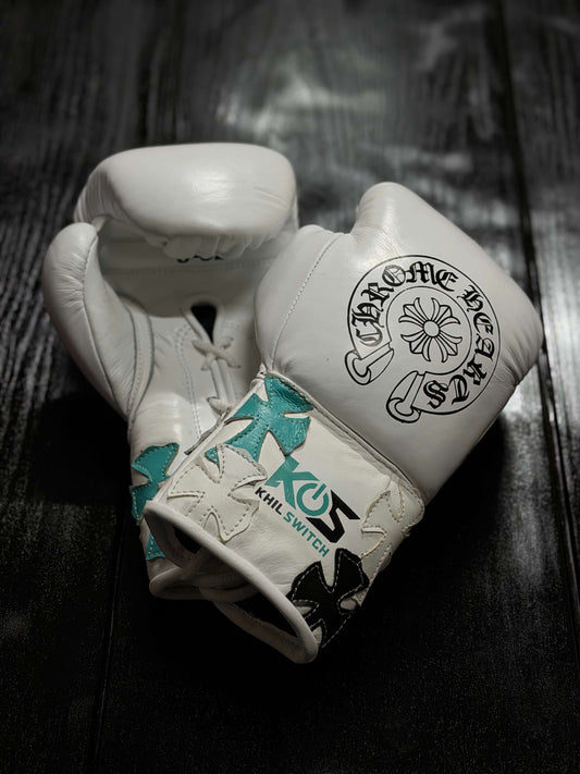 Winning Boxing Gloves White/Black/Teal Chrome Heart Style Custom