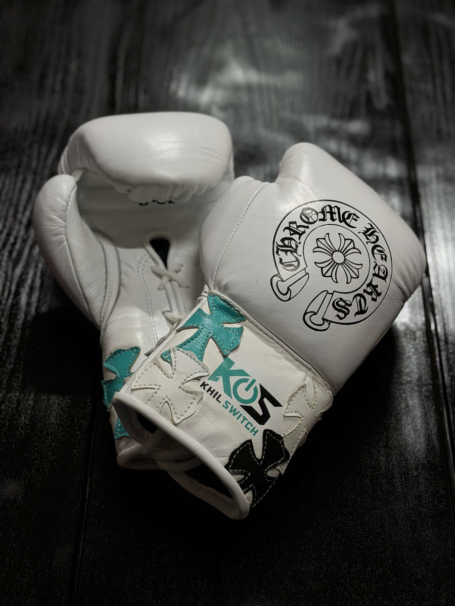 Winning Boxing Gloves White/Black/Teal Chrome Heart Style Custom