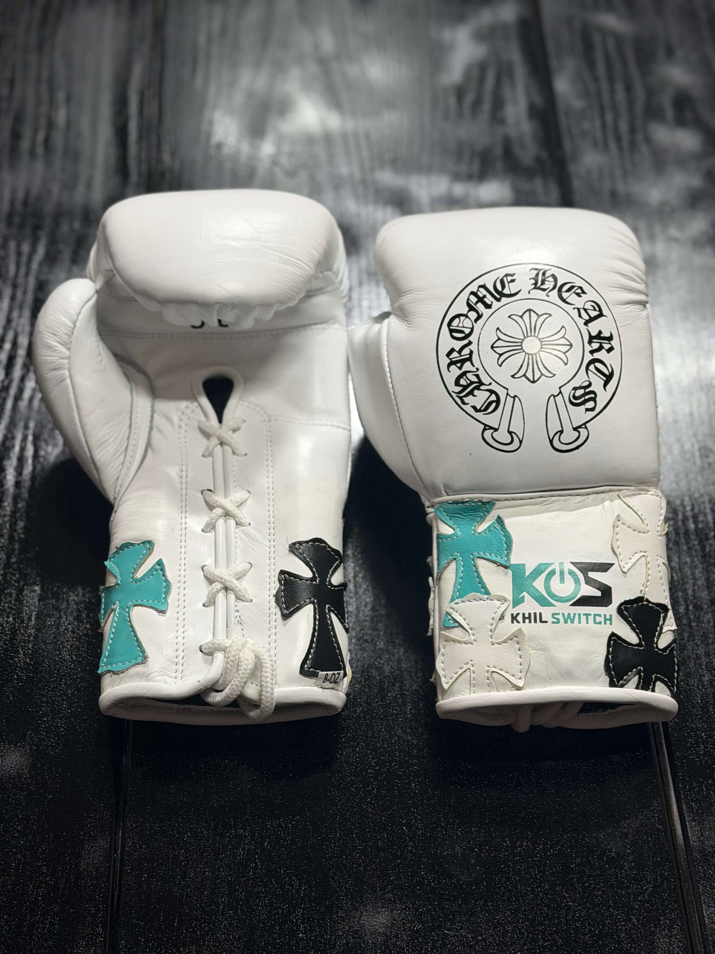 Winning Boxing Gloves White/Black/Teal Chrome Heart Style Custom