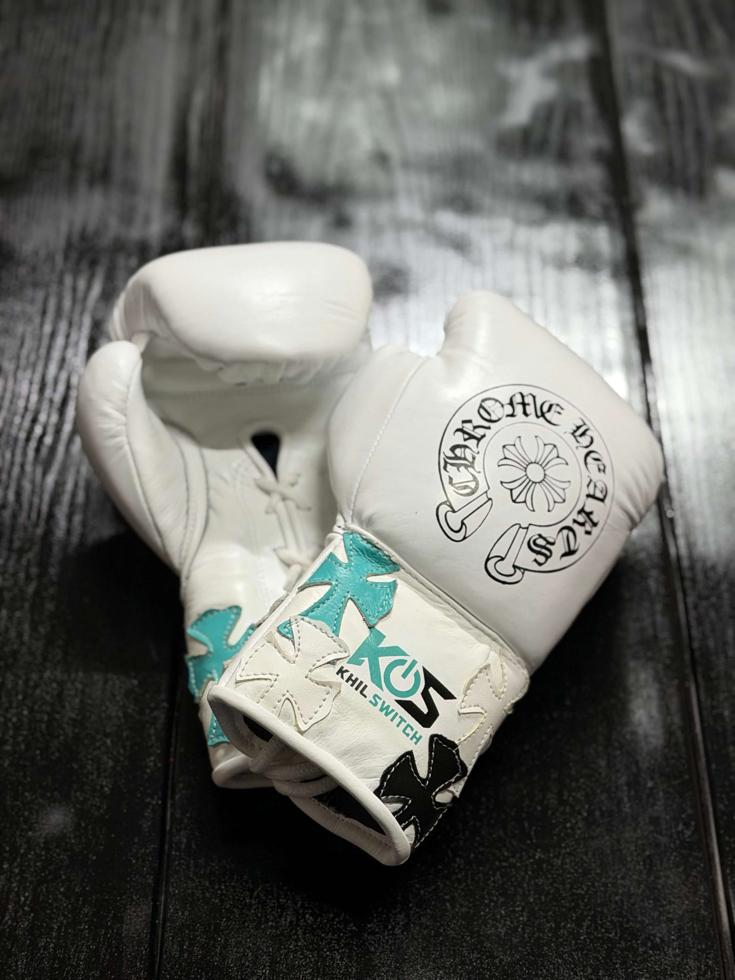 Winning Boxing Gloves White/Black/Teal Chrome Heart Style Custom