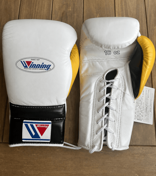 Winning Boxing Gloves White/Black/Yellow Lace-Up