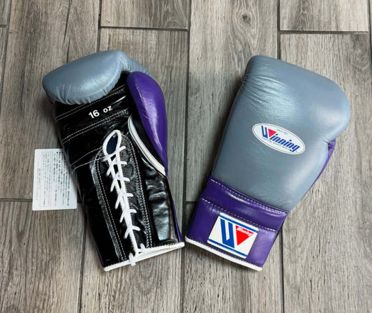 Winning Boxing Gloves Grey/Black/Purple Lace-Up 16oz