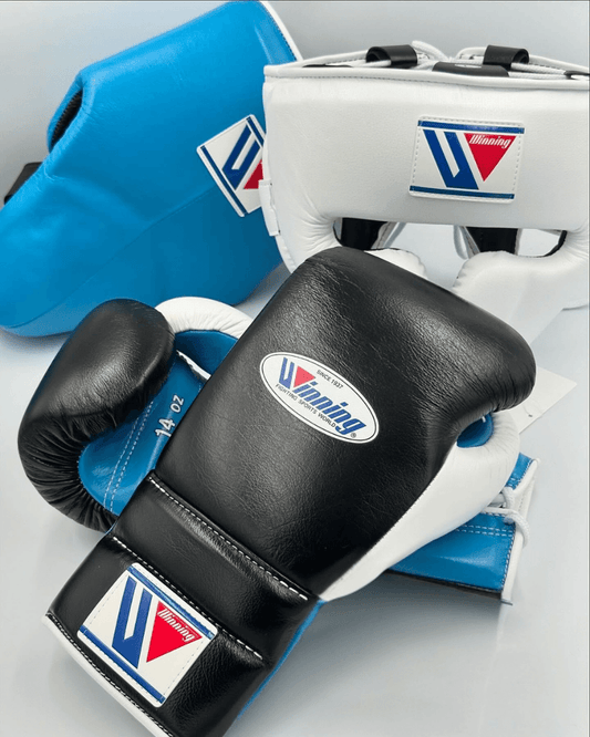 Winning Boxing Gloves Set Black/White/Blue Premium Leather