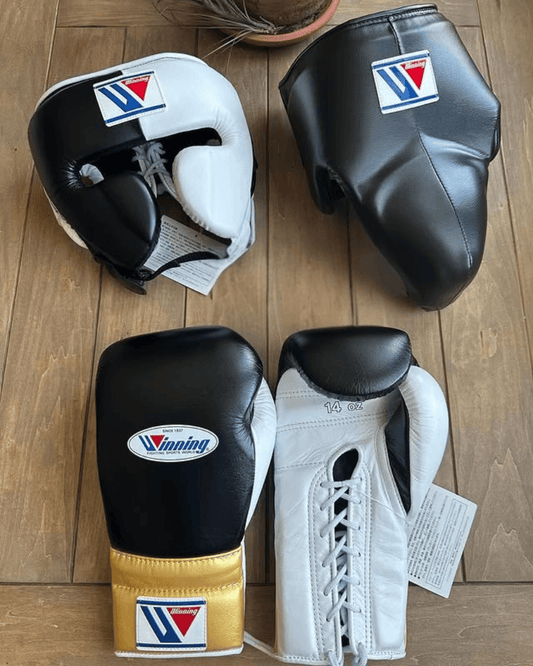 Winning Boxing Gloves Set White/Black/Gold Lace-Up Gloves