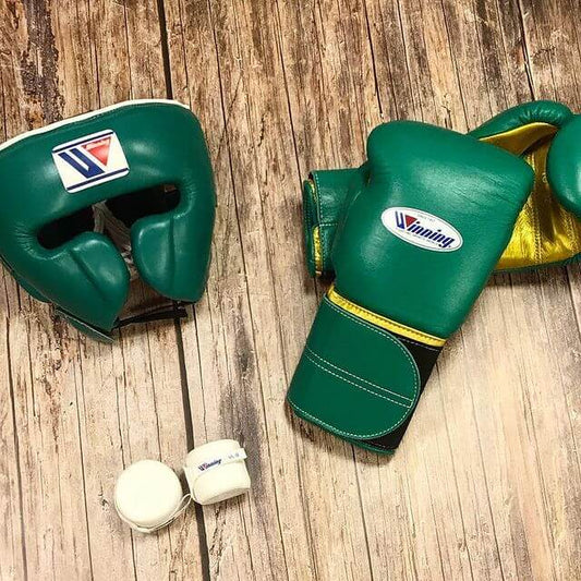 Winning Boxing Gloves Set Green/Gold Premium Leather