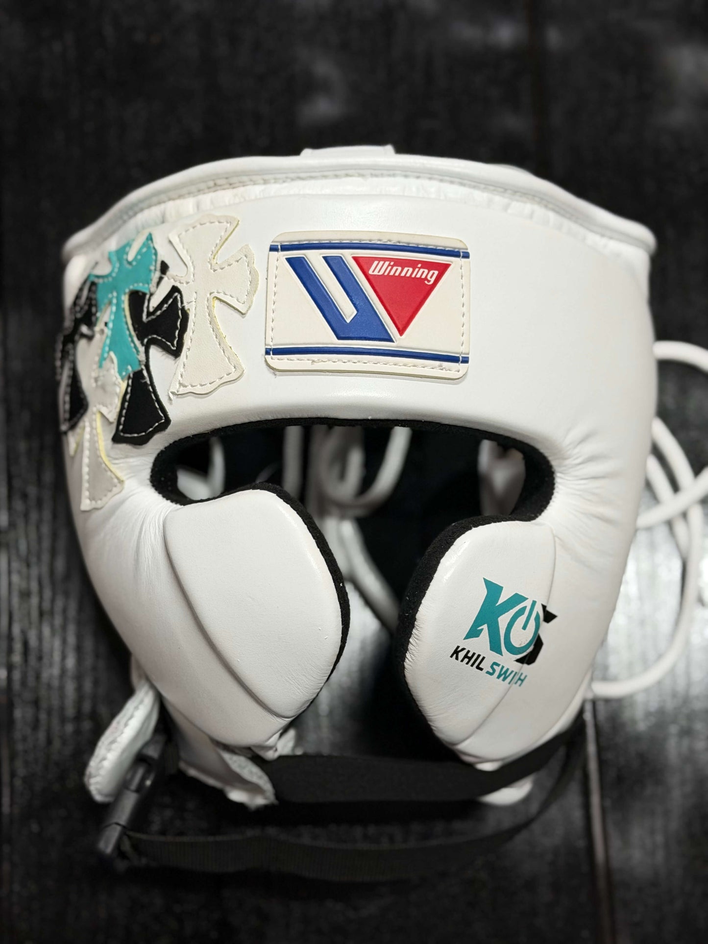 Winning Boxing Gloves Set White/Black/Teal Chrome Heart Style Boxing Gear