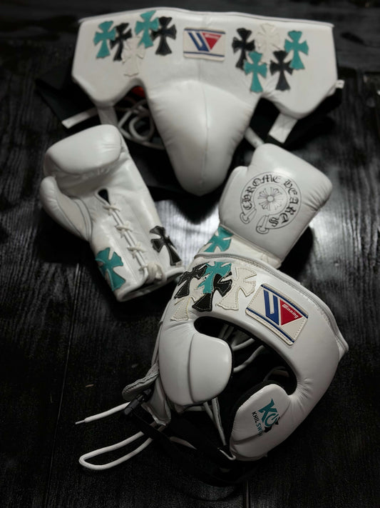 Winning Boxing Gloves Set White/Black/Teal Chrome Heart Style Boxing Gear