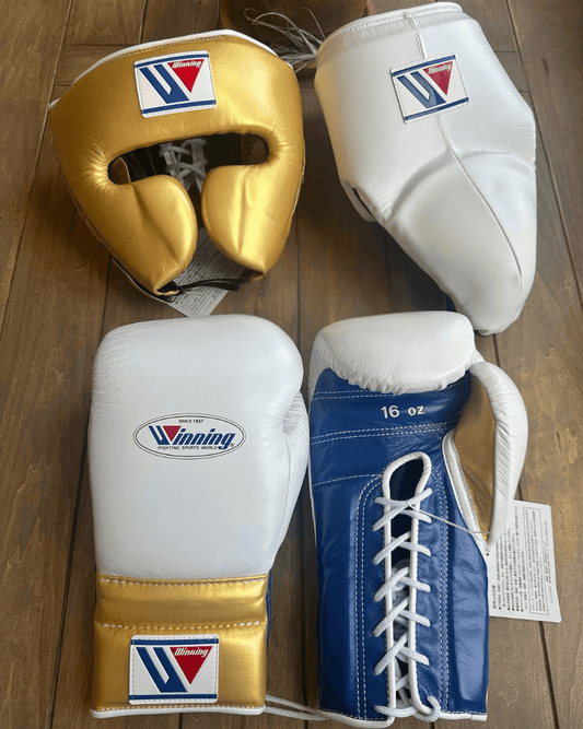 Winning Boxing Gloves Set White/Gold/Blue Premium Leather