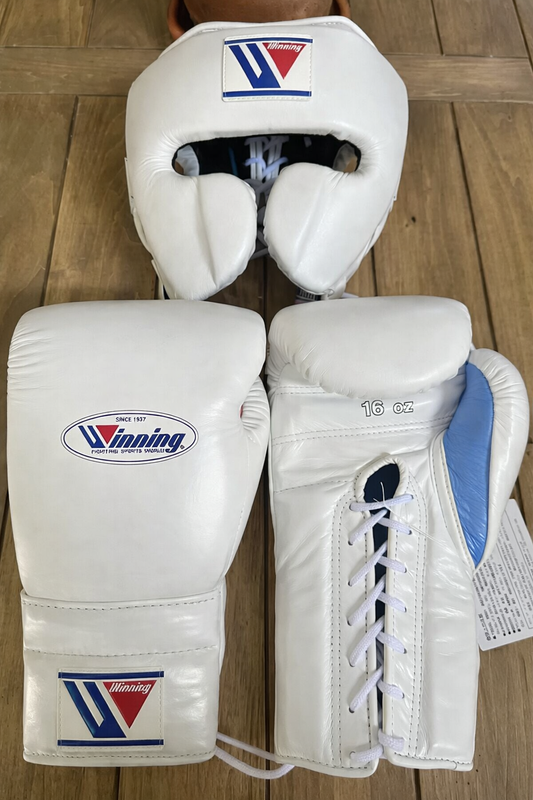 Winning Boxing Gloves Set White/Sky-Blue Premium Leather