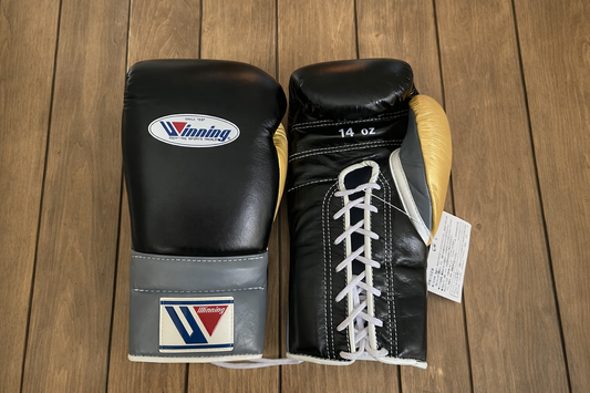 Winning Boxing Gloves Black/Grey/Gold Lace-Up Training
