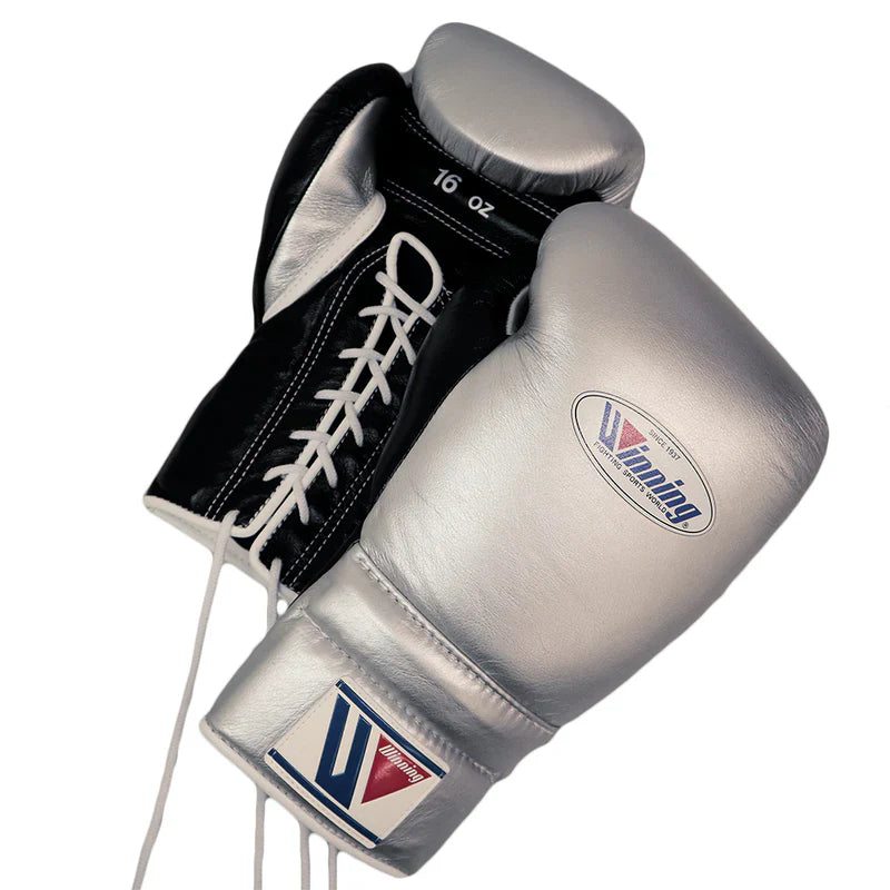 Winning Boxing Gloves Silver/Black Leather
