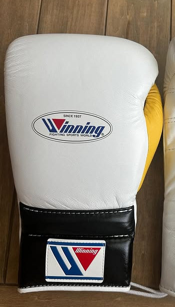Winning Boxing Gloves White/Black/Yellow Lace-Up