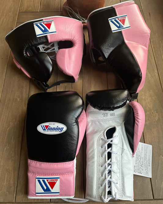 Winning Boxing Gloves Set Pink/Black/White Lace-Up Gloves
