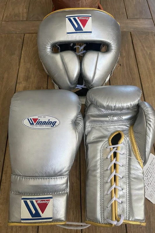 Winning Boxing Gloves Set Silver/Yellow Lace-Up Gloves