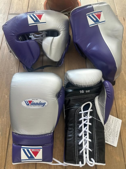 Winning Boxing Gloves Set Silver/Purple/Black Premium Leather