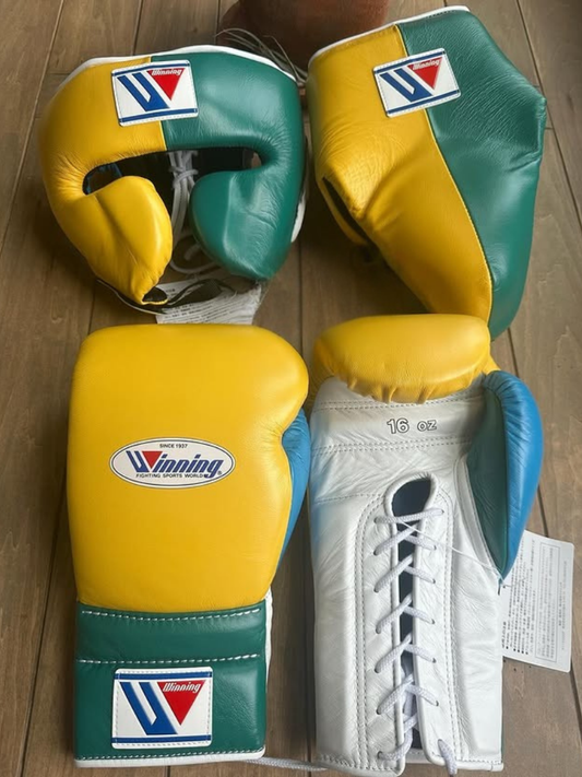 Winning Boxing Gloves Set Yellow/Green/White Lace-Up Gloves