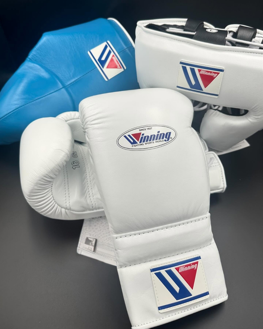 Winning Boxing Gloves Set White/Blue Premium Leather