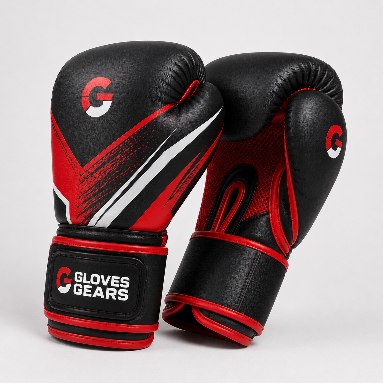 Black and red boxing gloves with 'Gloves Gears' branding on a white background