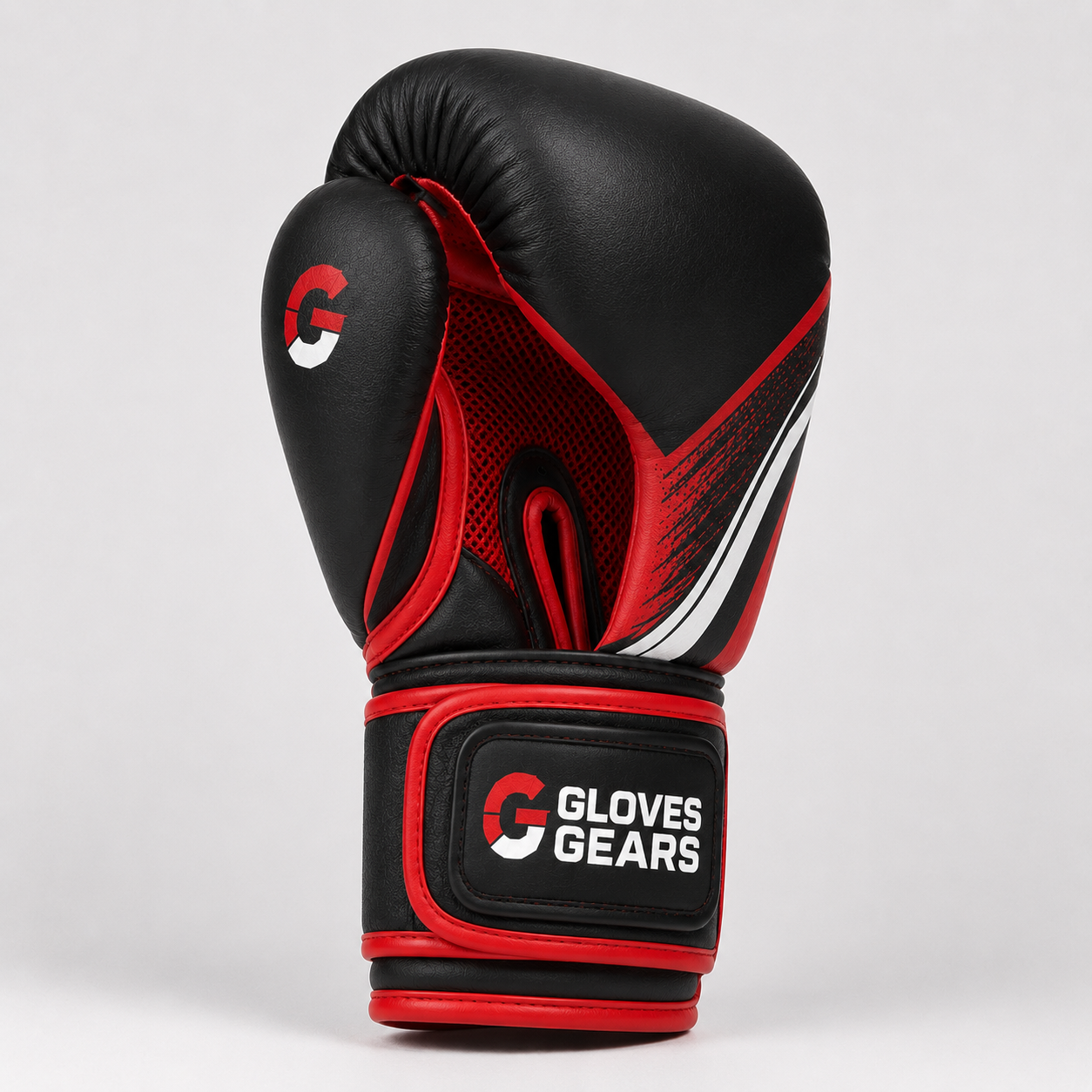 Black and red boxing glove with 'Gloves Gears' branding on a light gray background