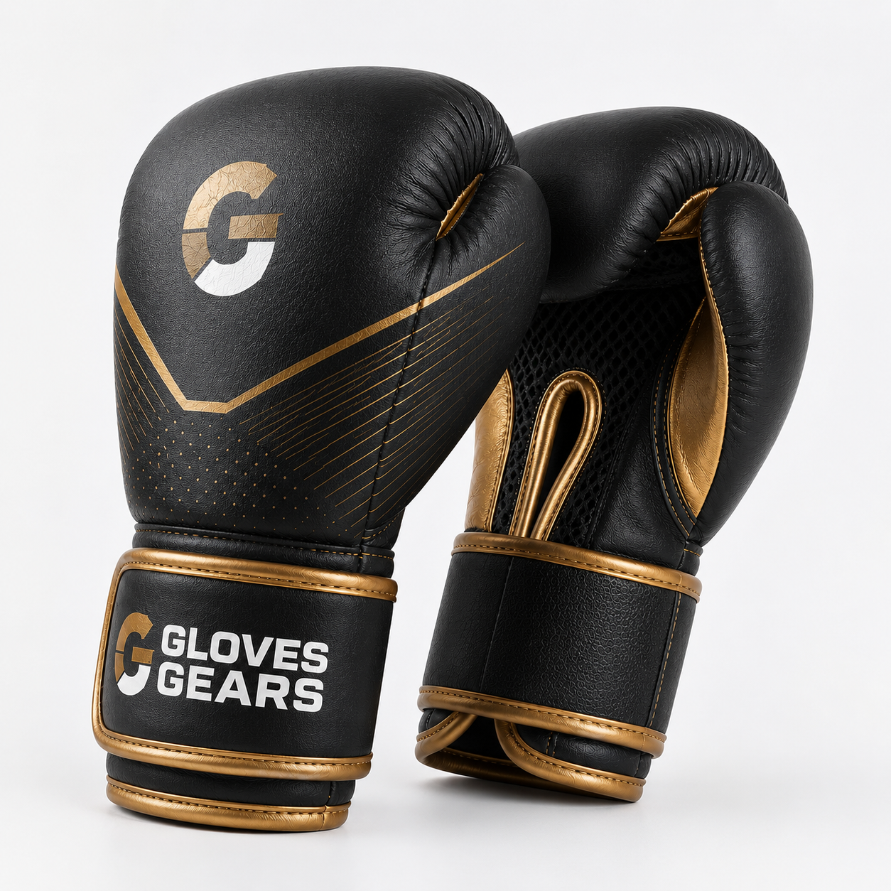 Black and gold boxing gloves with 'Gloves Gears' branding on a white background