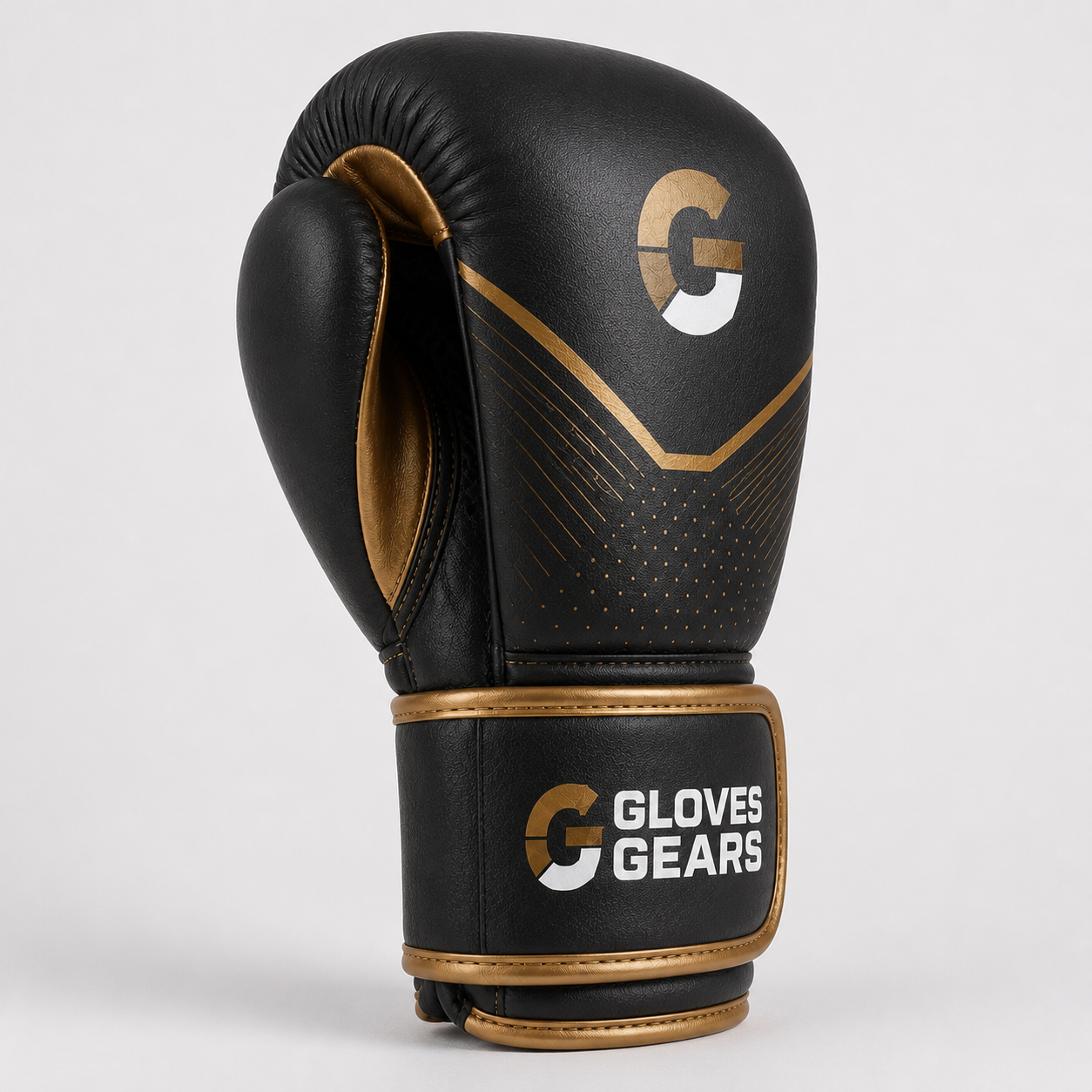 Black boxing glove with gold accents and 'Gloves Gears' branding on a white background