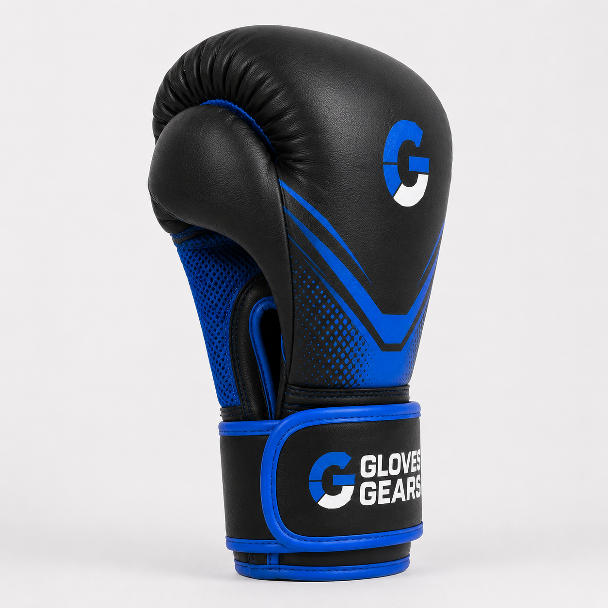 Black and blue boxing glove with 'Gloves Gears' branding on a white background
