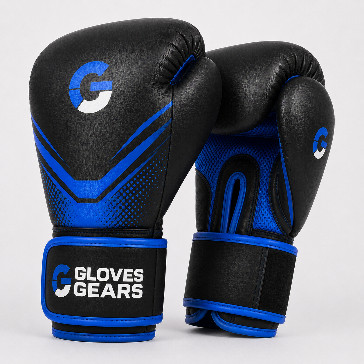 Black and blue boxing gloves with 'Gloves Gears' branding on a white background