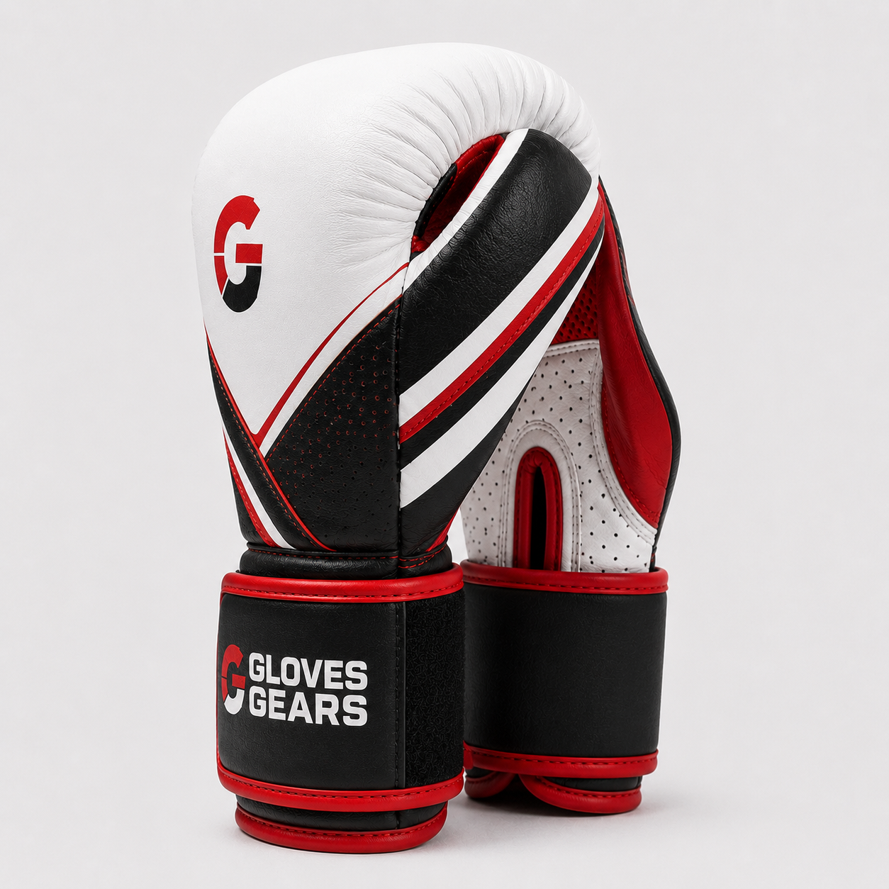 Pair of boxing gloves with 'Gloves Gears' branding on a light gray background
