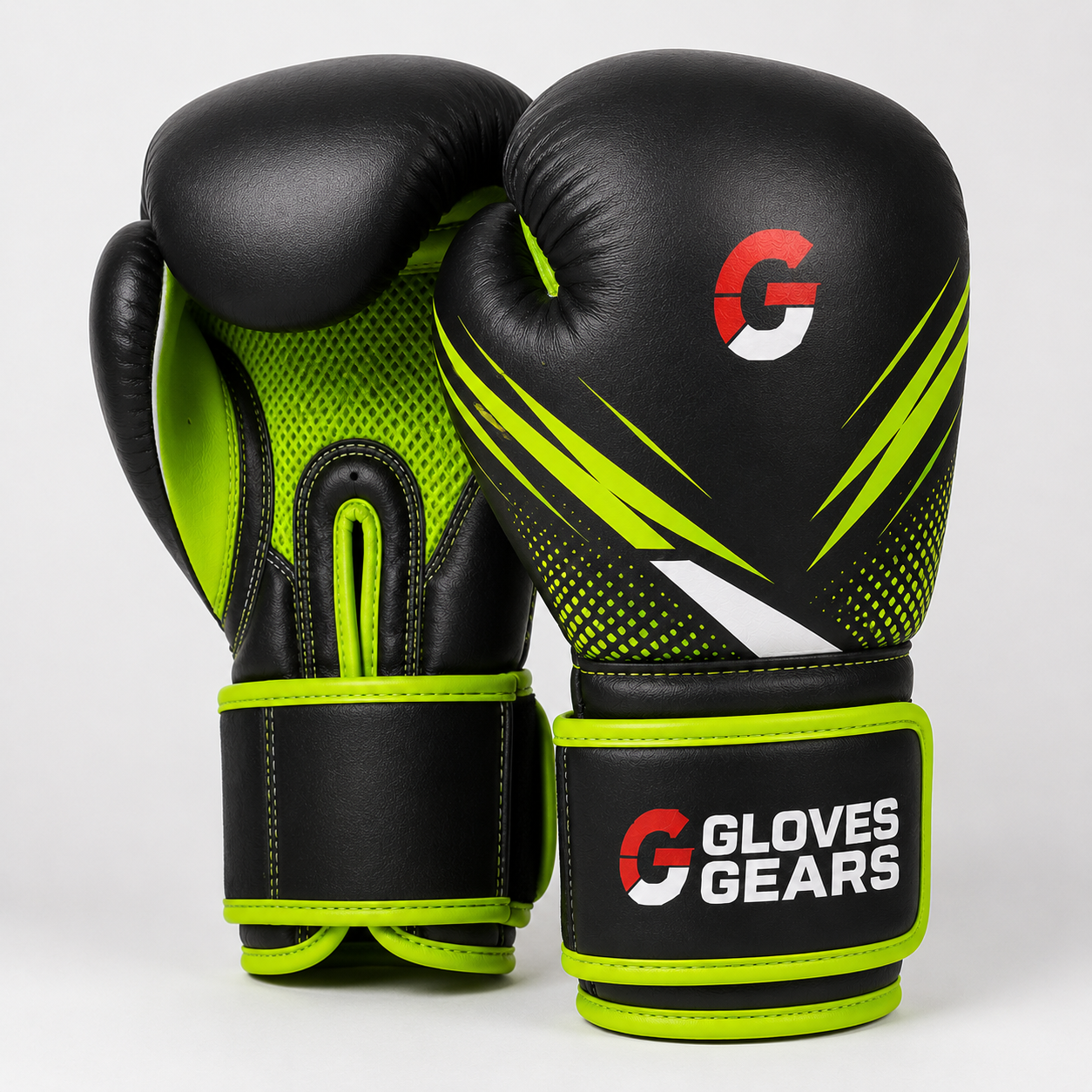 Black and green boxing gloves with 'Gloves Gears' branding on a white background