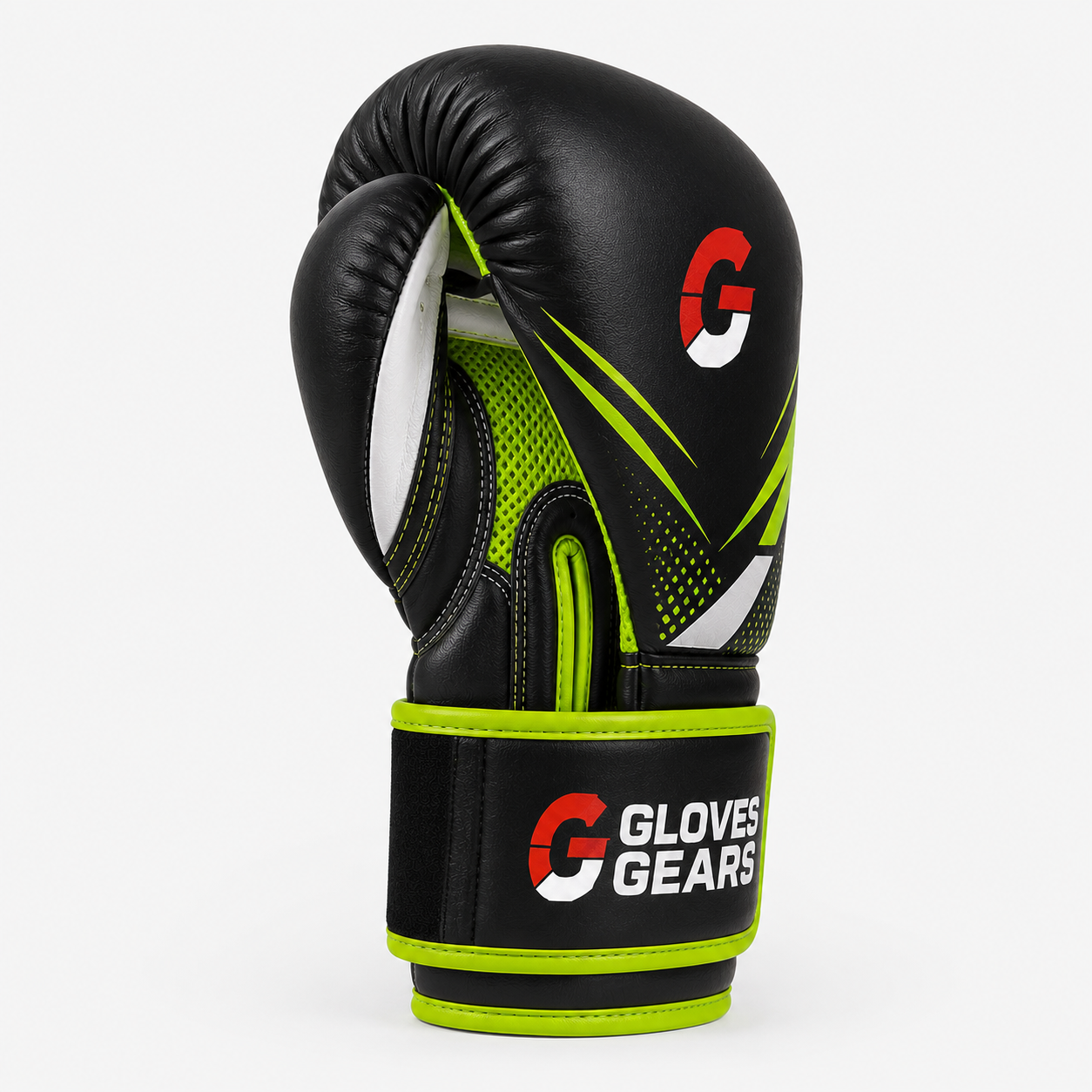 Black boxing glove with green accents and Gloves Gears branding on a white background
