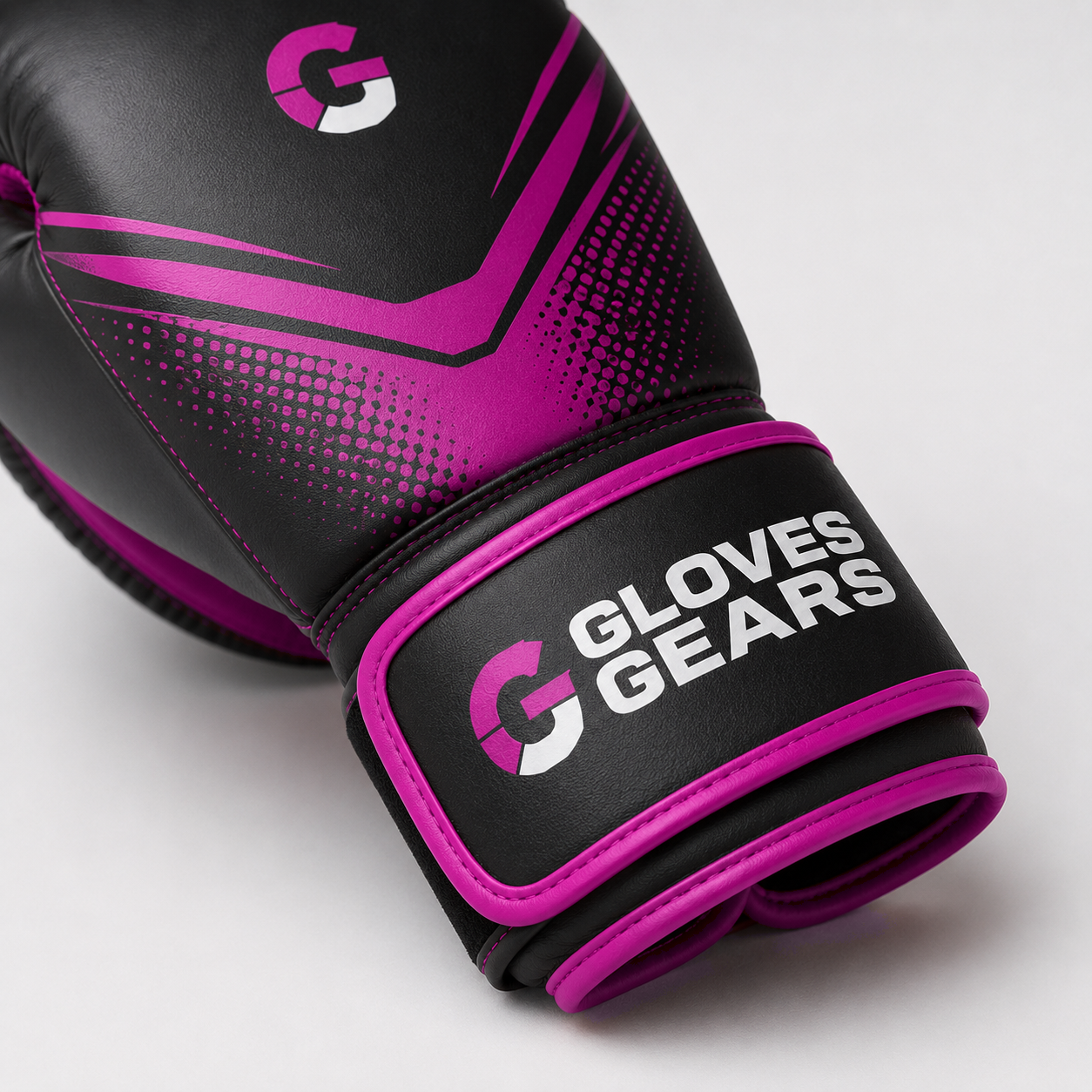 Gloves Gears PowerFlex Velcro Boxing Gloves Black Pink wrist strap logo detail view