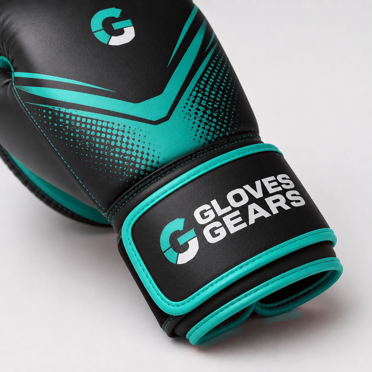 Gloves Gears AquaFlex Velcro Boxing Gloves Black Teal wrist strap logo detail view