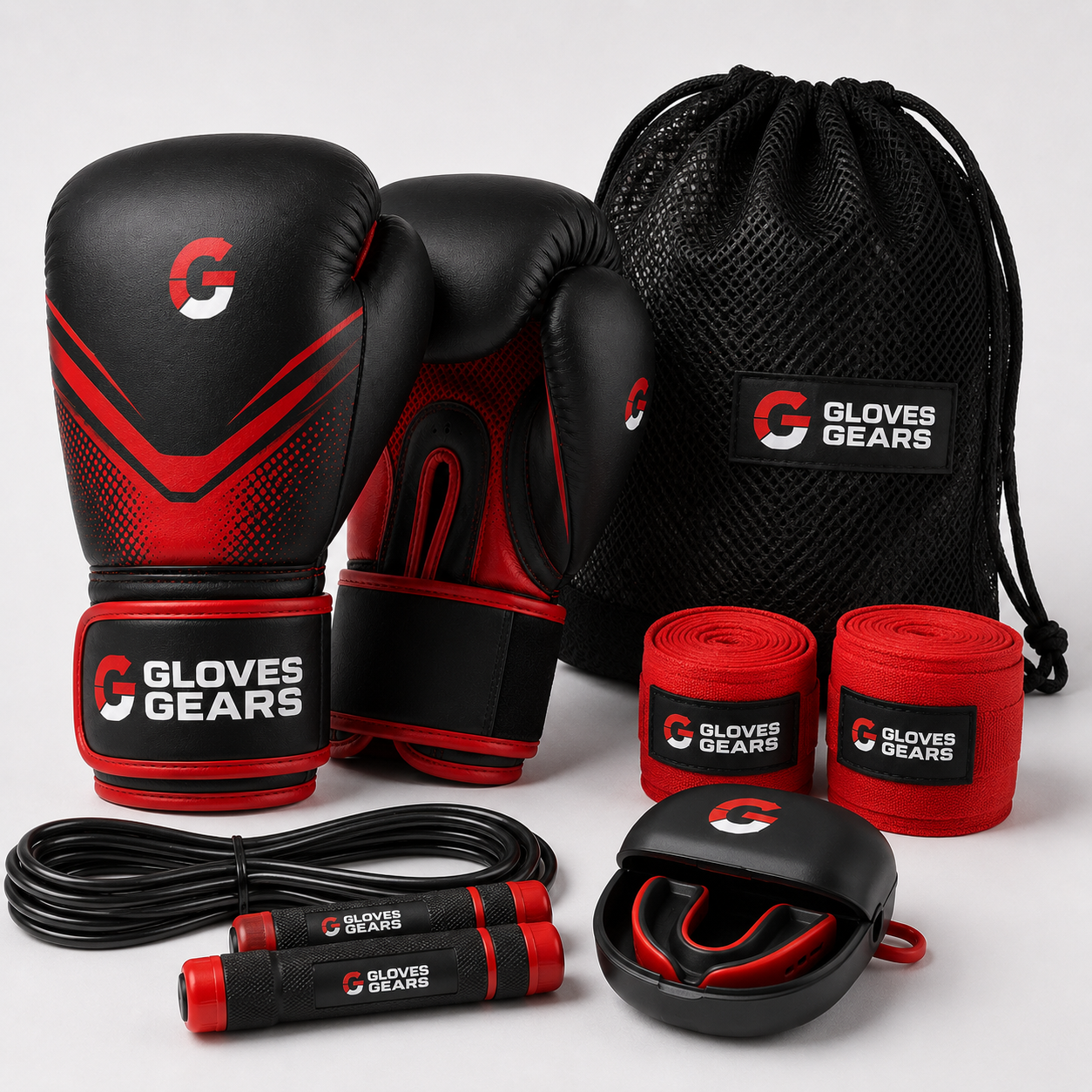 Gloves Gears Complete Boxing Training Set Black Red with mesh storage bag and hand wraps