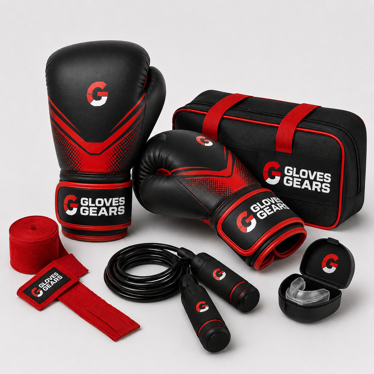 Gloves Gears Complete Boxing Training Set Black Red with carry bag and accessories front view
