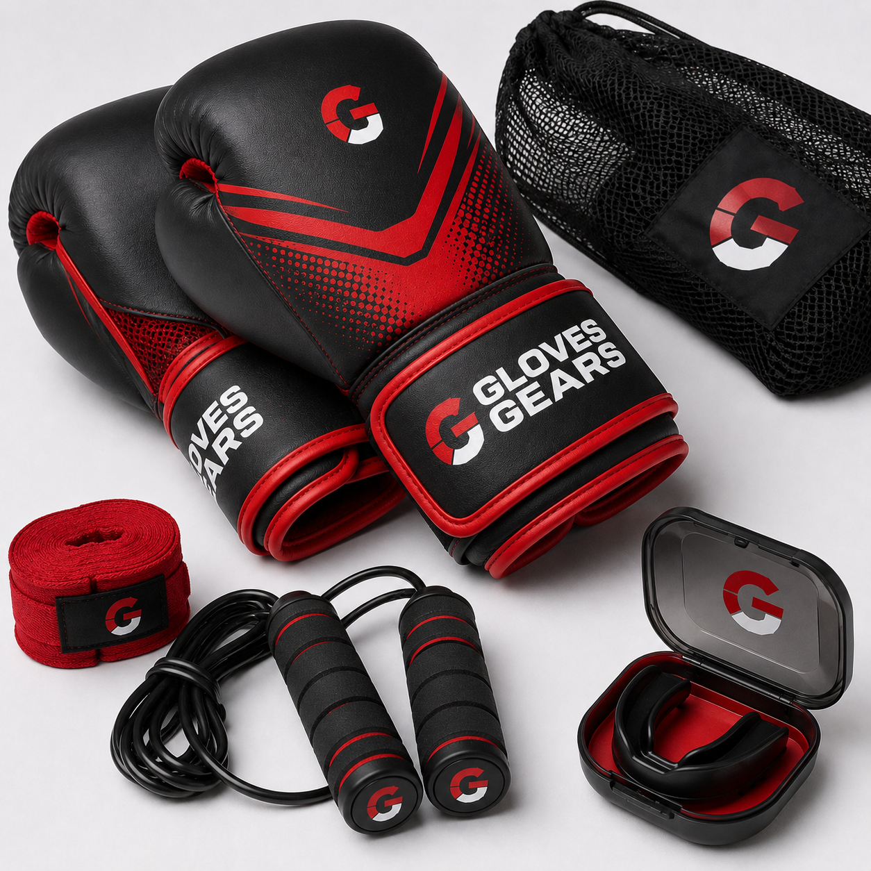 Gloves Gears Complete Boxing Training Set Black Red with gloves wraps jump rope mouthguard and storage bag