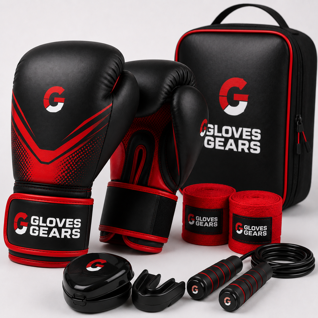 Gloves Gears Performance Boxing Training Set Black Red close-up product display with gloves and training gear