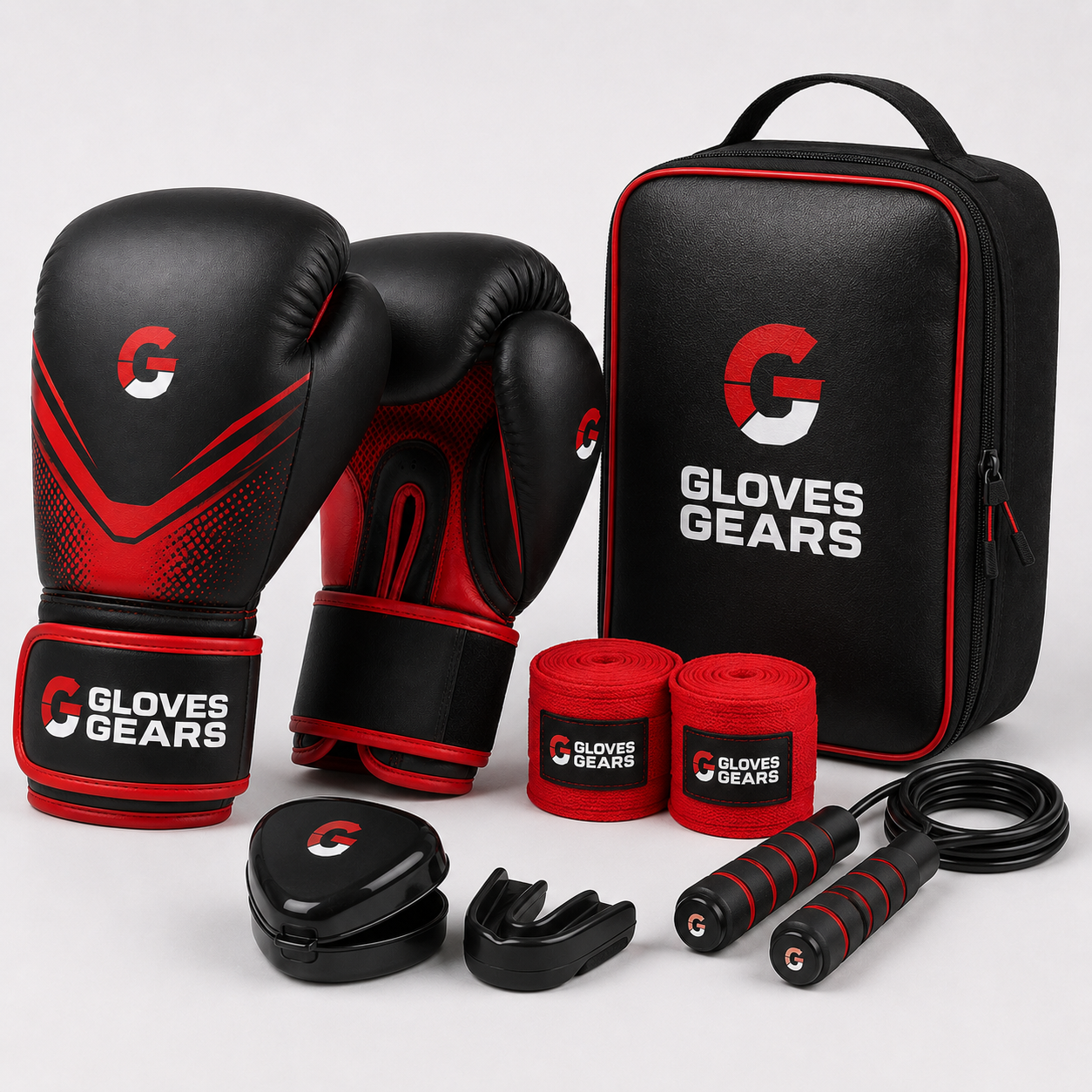 Gloves Gears Performance Boxing Training Set Black Red with gloves wraps jump rope mouthguard and storage bag
