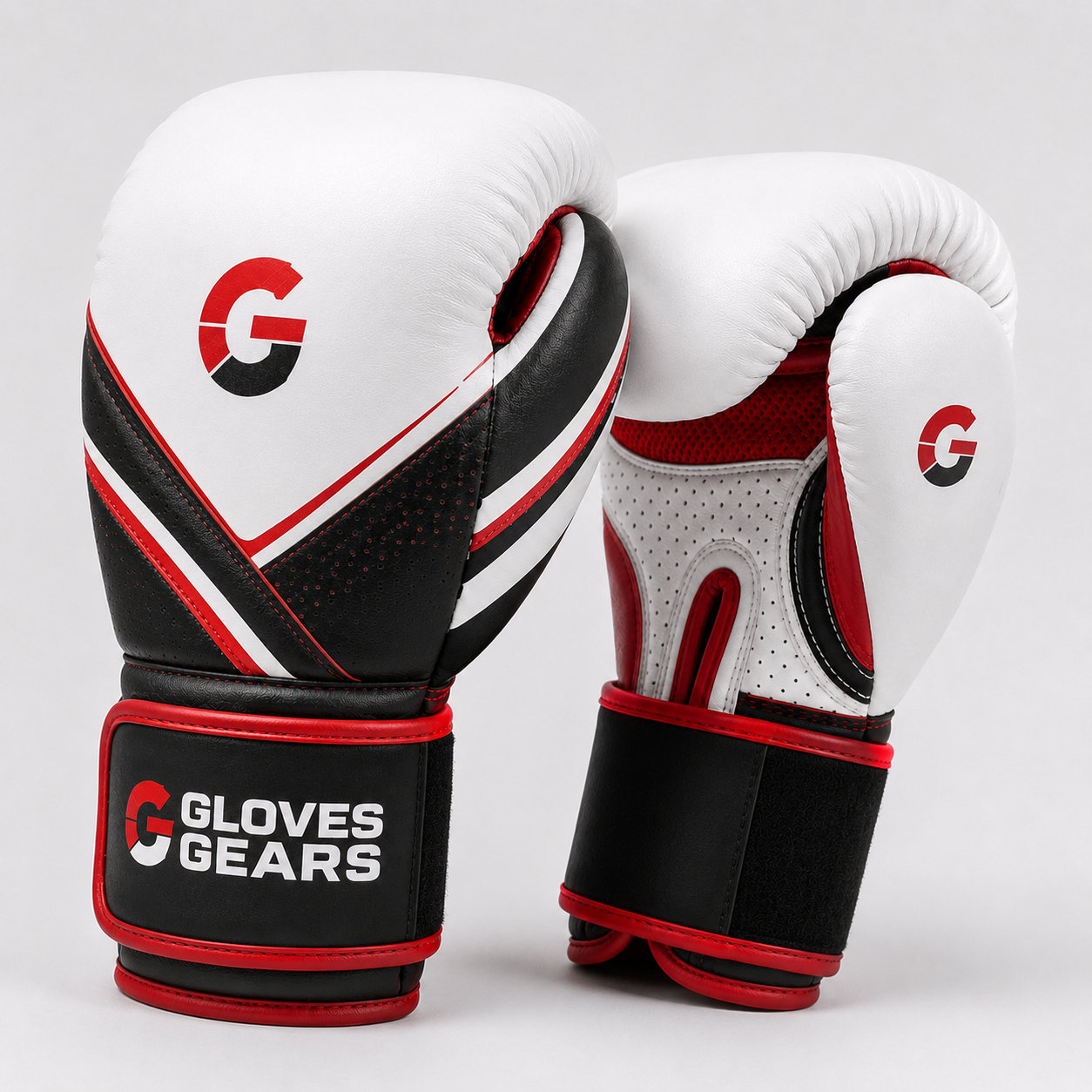 White boxing gloves with black and red accents on a white background, featuring the Gloves Gears logo.