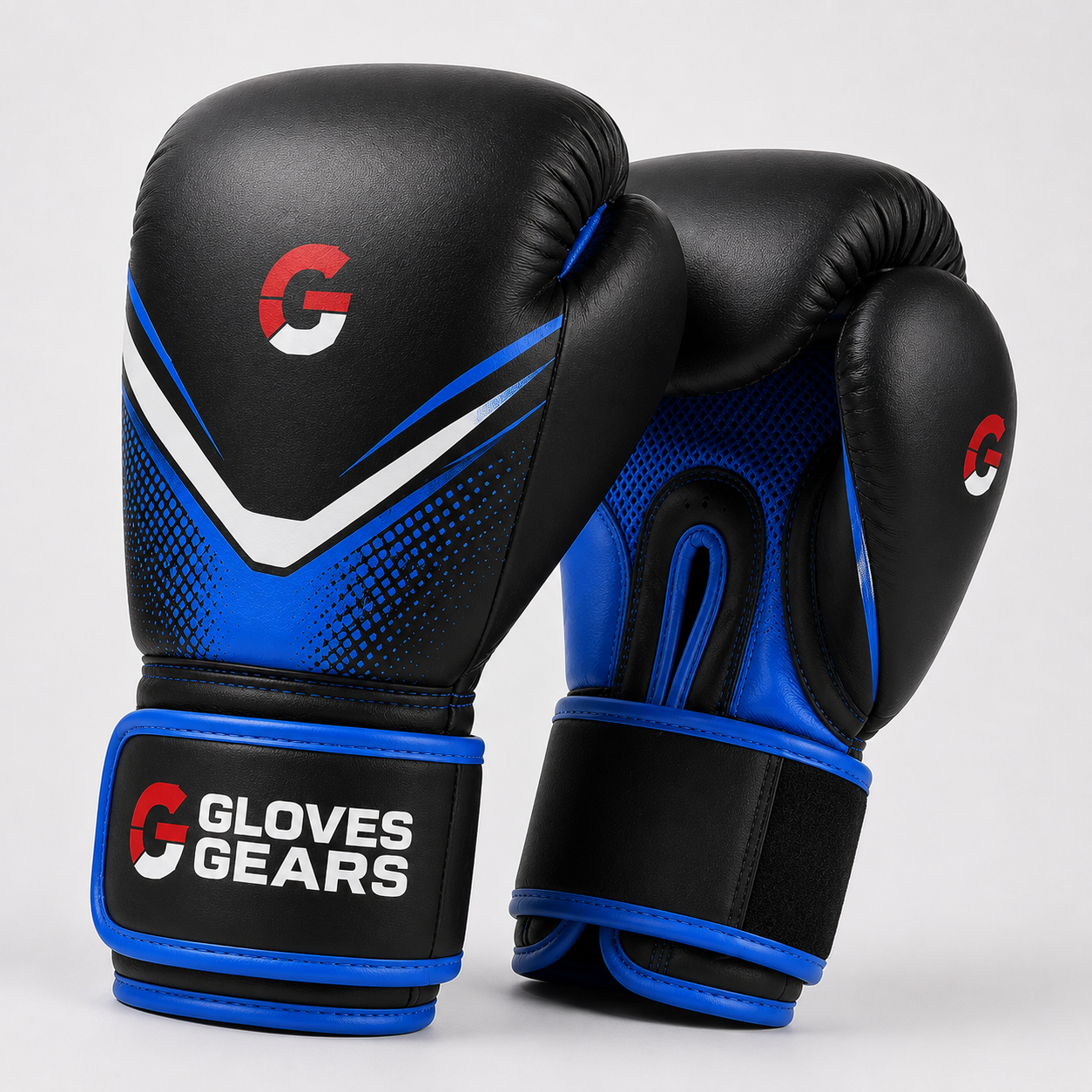 Black and blue boxing gloves with 'Gloves Gears' branding on a white background