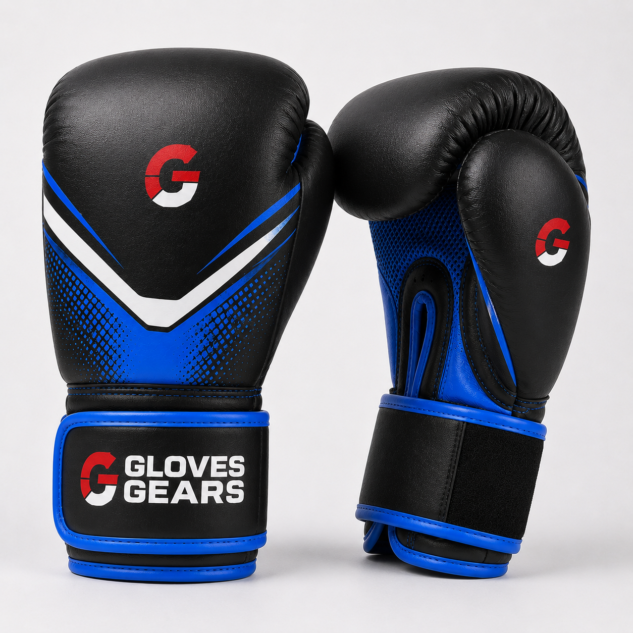 Black and blue boxing gloves with 'Gloves Gears' branding on a white background